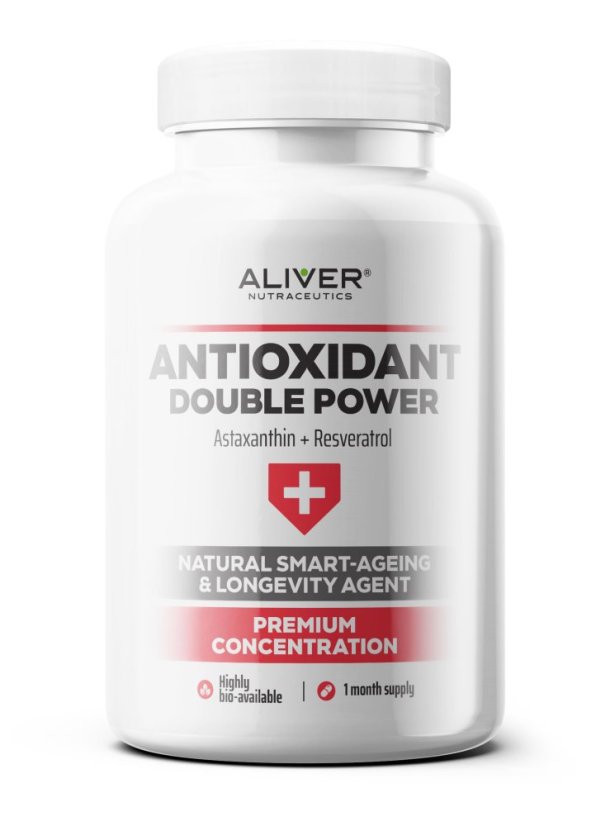 ALIVER - ANTIOXIDANT DOUBLE POWER - Astaxanthin + Resveratrol - NATURAL SMART-AGEING & LONGEVITY AGENT 60 cps / 600 mg